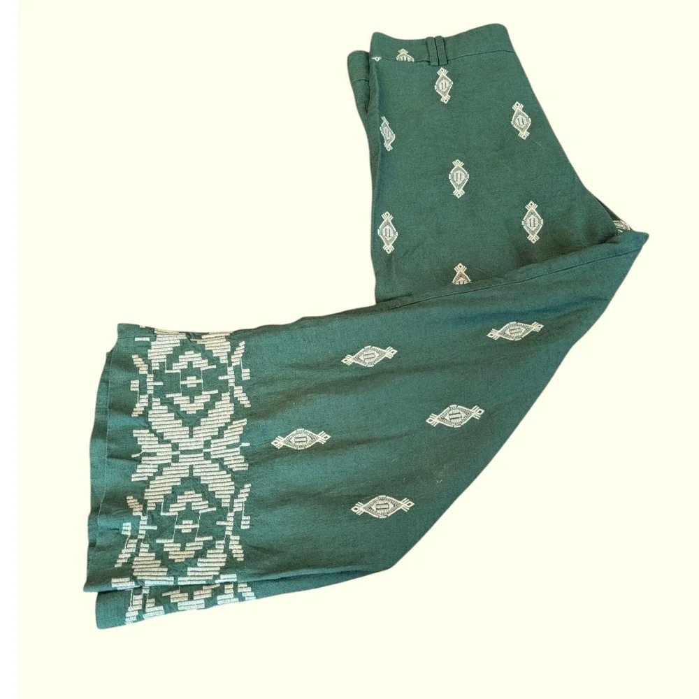 Zara Wide Leg Pants Green Embroidered Linen Blend Women's Size M Embroidered
